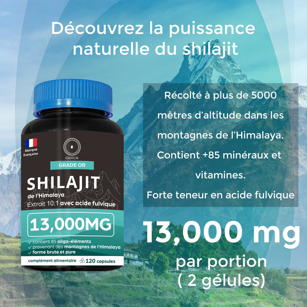 Oshun® Shilajit Himalaya 120 gélules | 80% d'acide fulvique & 11% d'acide humique | Testé en Laboratoire - Riche en vitamines, minéraux et compléments | complément alimentaire