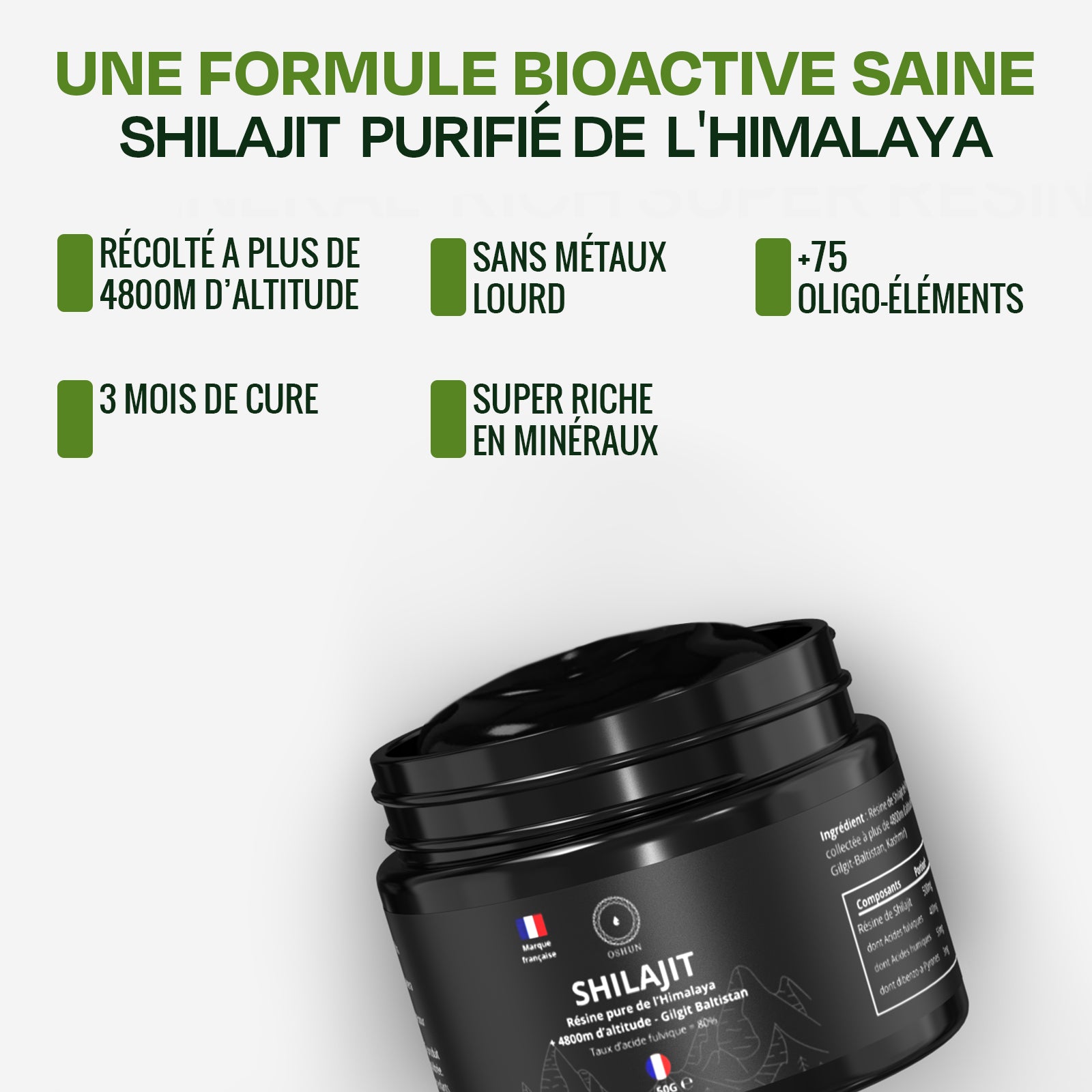 Oshun® Shilajit Himalaya Bio 50G - Résine Purifiée - Riche en Acide Fulvique & Humique - Shilajit Pure - 85+ minéraux & Oligo-Éléments - 3 Mois d'approvisionnement