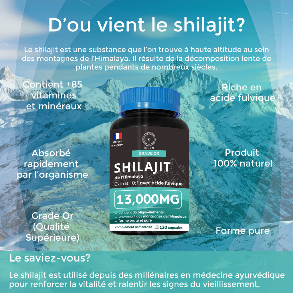 Oshun® Shilajit Himalaya 120 gélules | 80% d'acide fulvique & 11% d'acide humique | Testé en Laboratoire - Riche en vitamines, minéraux et compléments | complément alimentaire