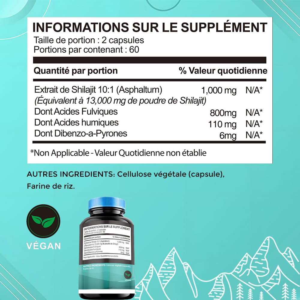Oshun® Shilajit Himalaya 120 gélules | 80% d'acide fulvique & 11% d'acide humique | Testé en Laboratoire - Riche en vitamines, minéraux et compléments | complément alimentaire